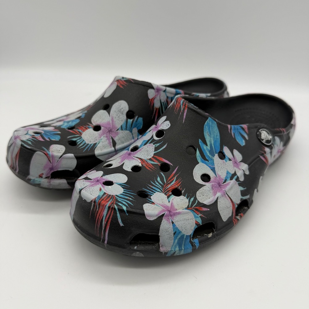 Crocs Freesail Clogs Womens 7 Black Multicolor Tahiti Floral Slip On Mules